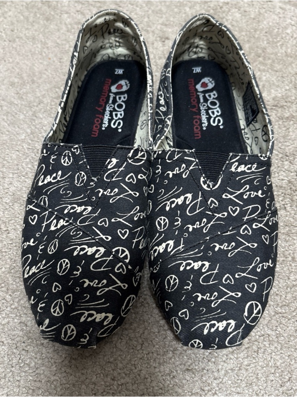 Skechers BOBS Black & White Script Slip-On Loafers
